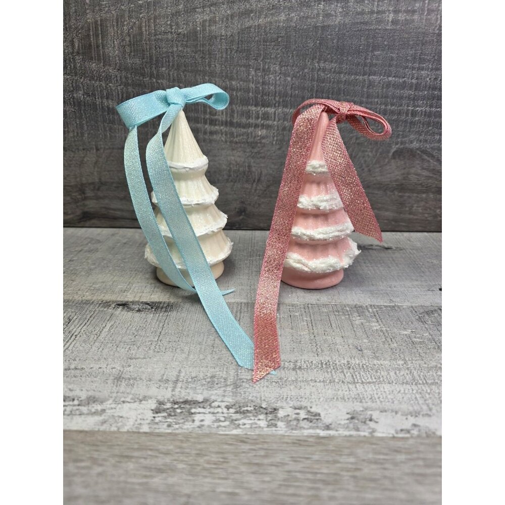 Vtg Pink White Ceramic Christmas Trees 5" – Set of 2 Handmade Cottagecore #28